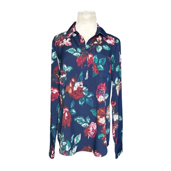Merona blue red floral long sleeves tunic blouse size M - Picture 7 of 11